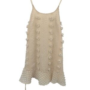Simplee Beige Cream Textured Pom‎ Pom Dress Spaghetti Strap Mini Size Medium